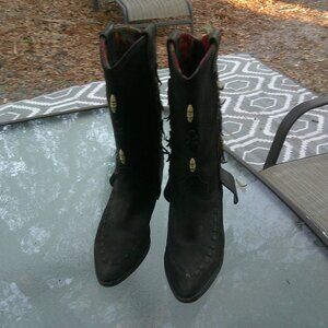 Vtg ladies Dingo Leather point toe mid calf western boots bone bead deco 8 m